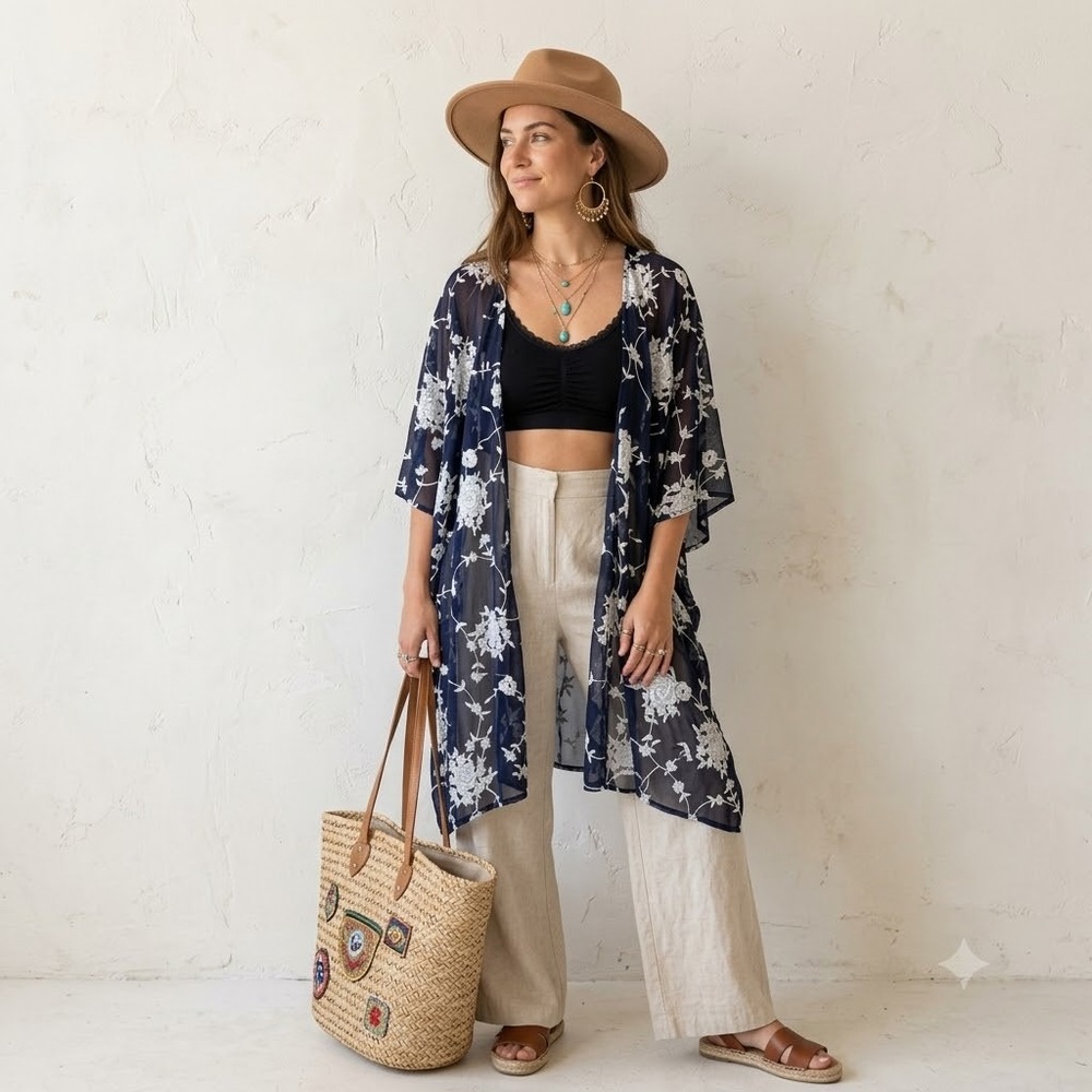 Brittany Black‎ Kimono Women Large Navy Blue Floral Embroidered Sheer Mesh Open